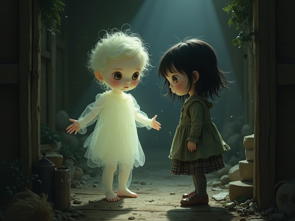 Whimsical Gothic Fantasy Ghost Child in Attic