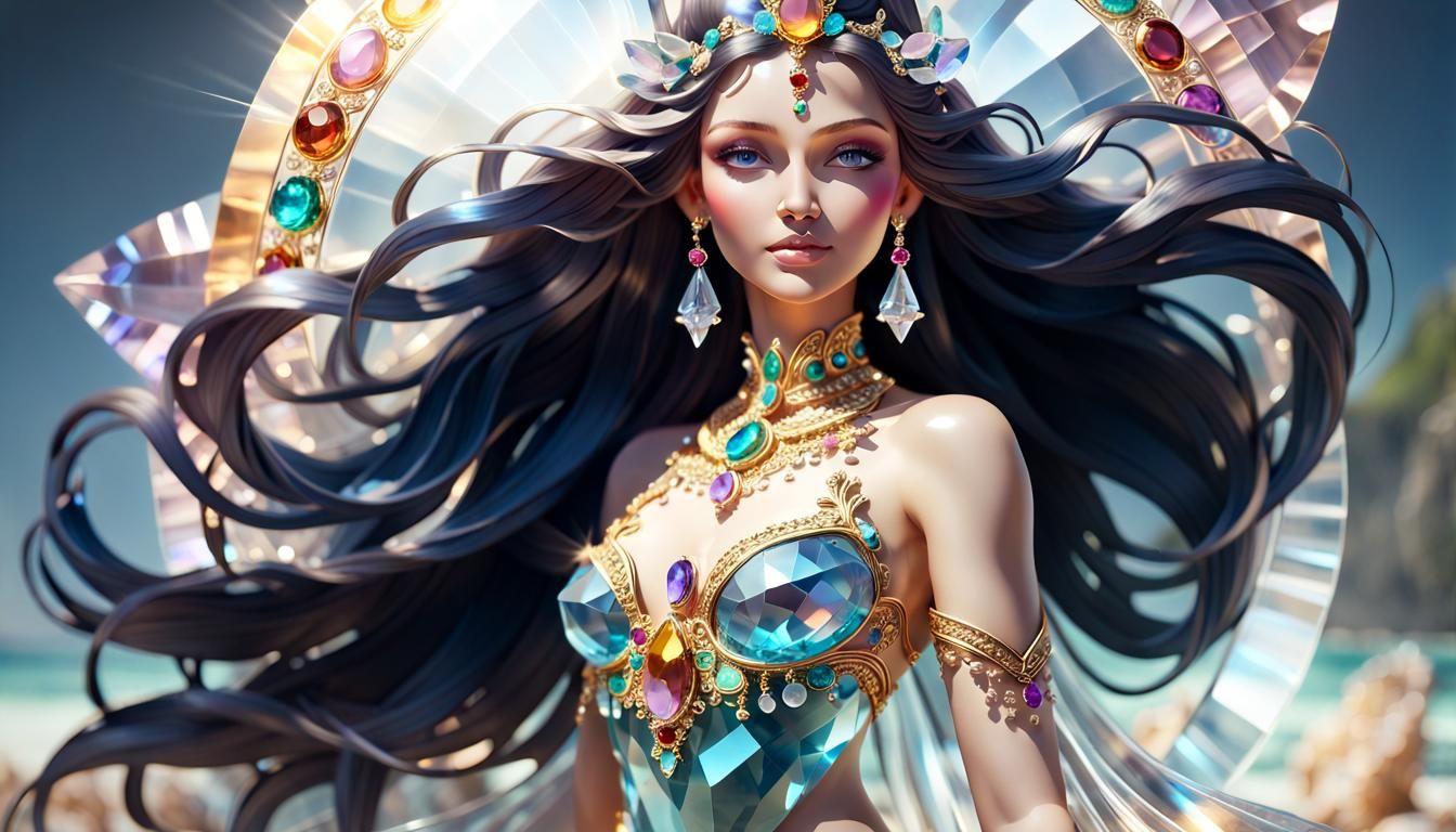 Crystal Goddess Adorned with Gemstones in Sunlight
