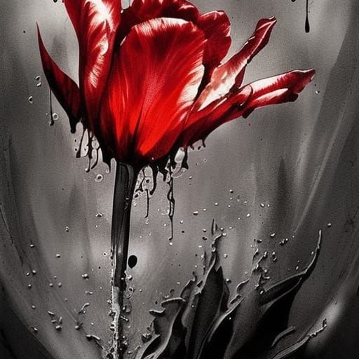 Dramatic Tulip Ink Wash Painting