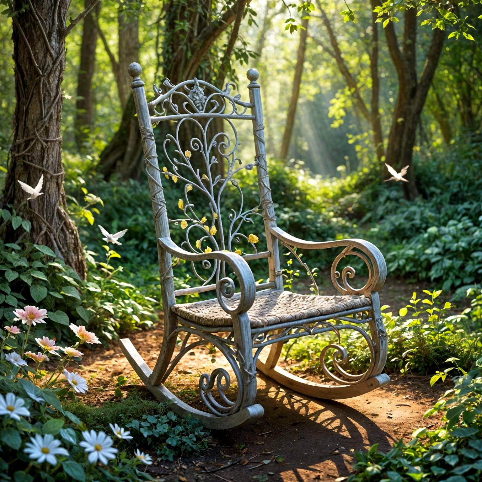 Enchanted Forest Clearing with Floral Rocking Chair
