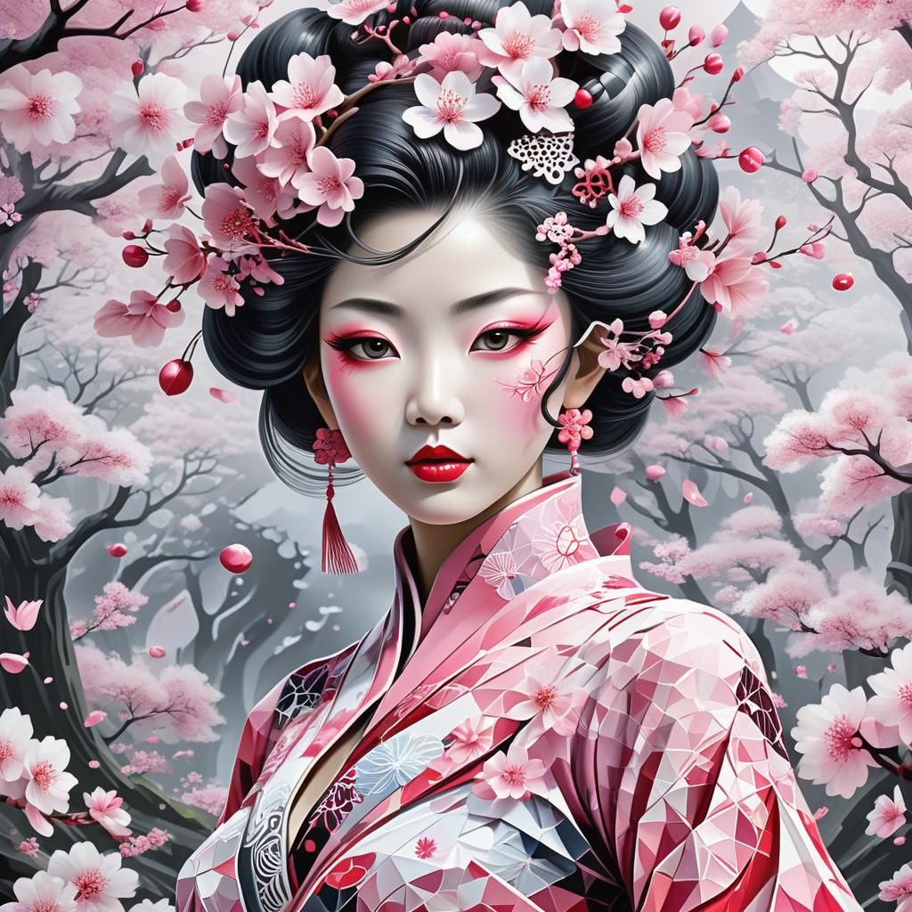Crystal Geisha with Cherry Petals in Escher Style