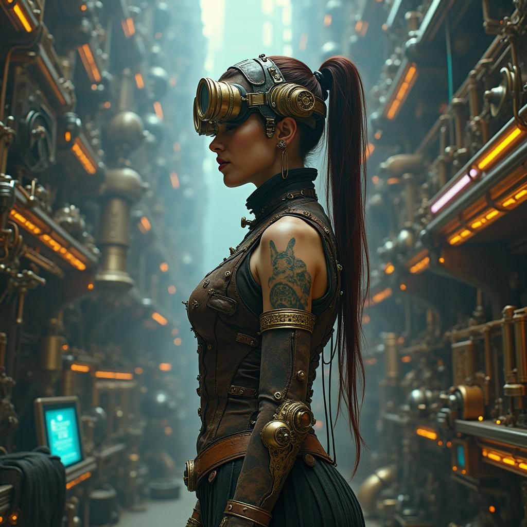 Steampunk Cybernetics in Futuristic Metropolis
