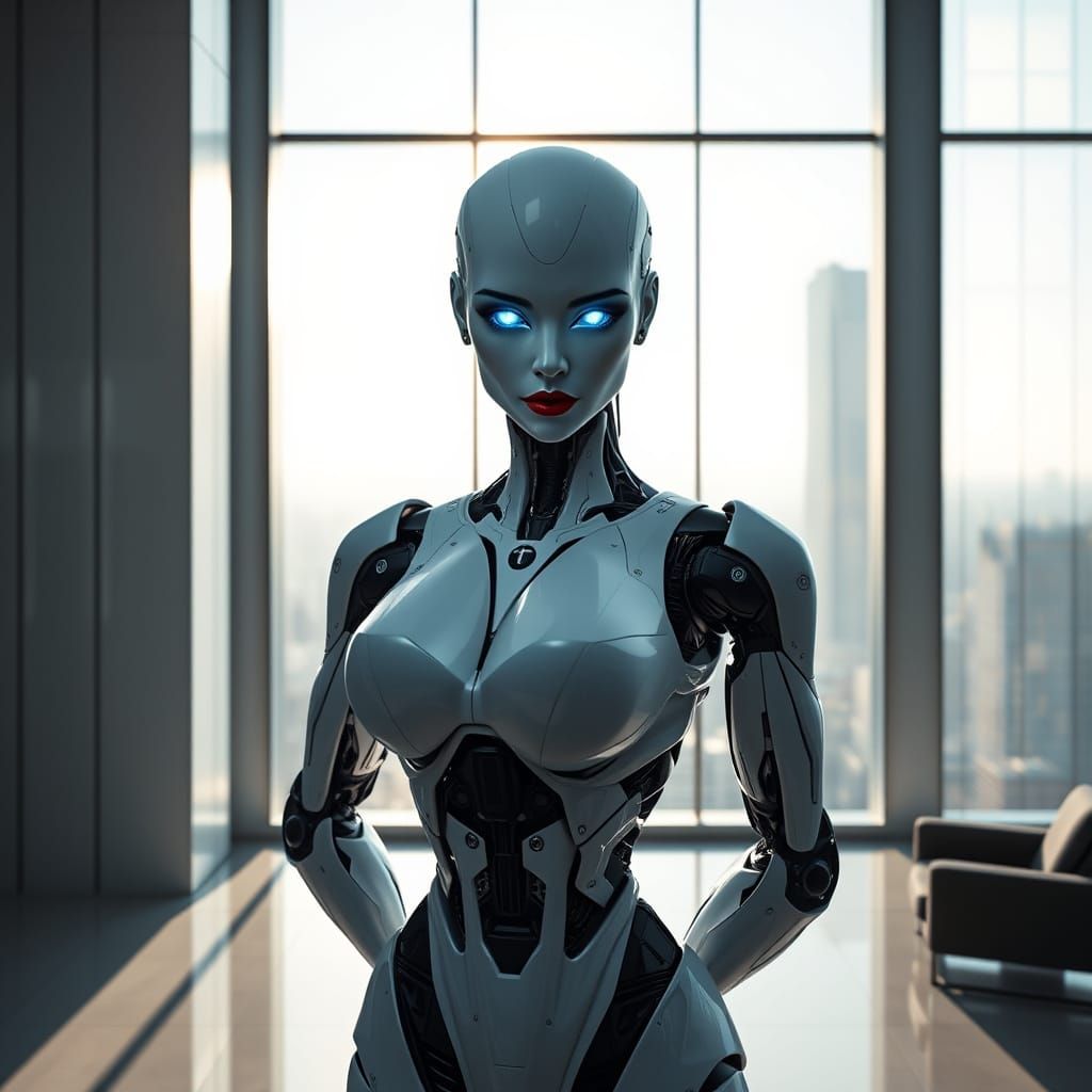 Cyberpunk Robot Woman Unveils CEO Office