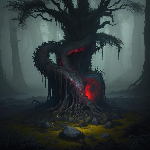Monster Spewing Blood in Dark Fantasy Forest