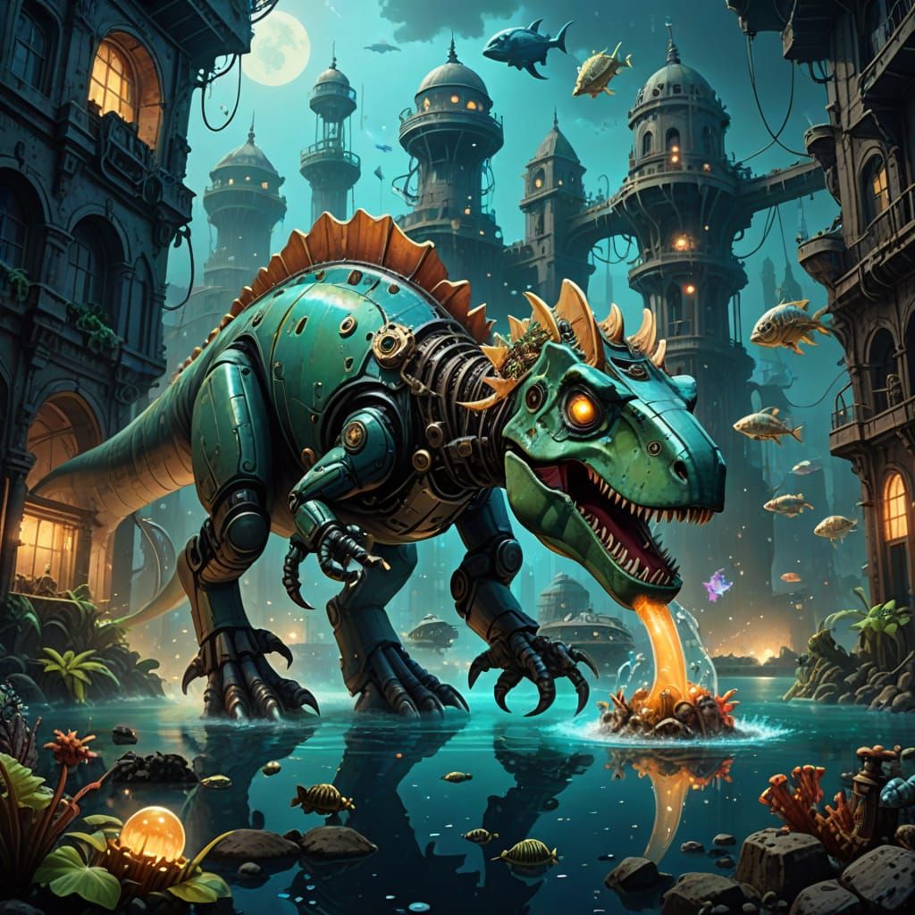 Steampunk Dinosaur Devours Robot Amidst Glowing Marine Life