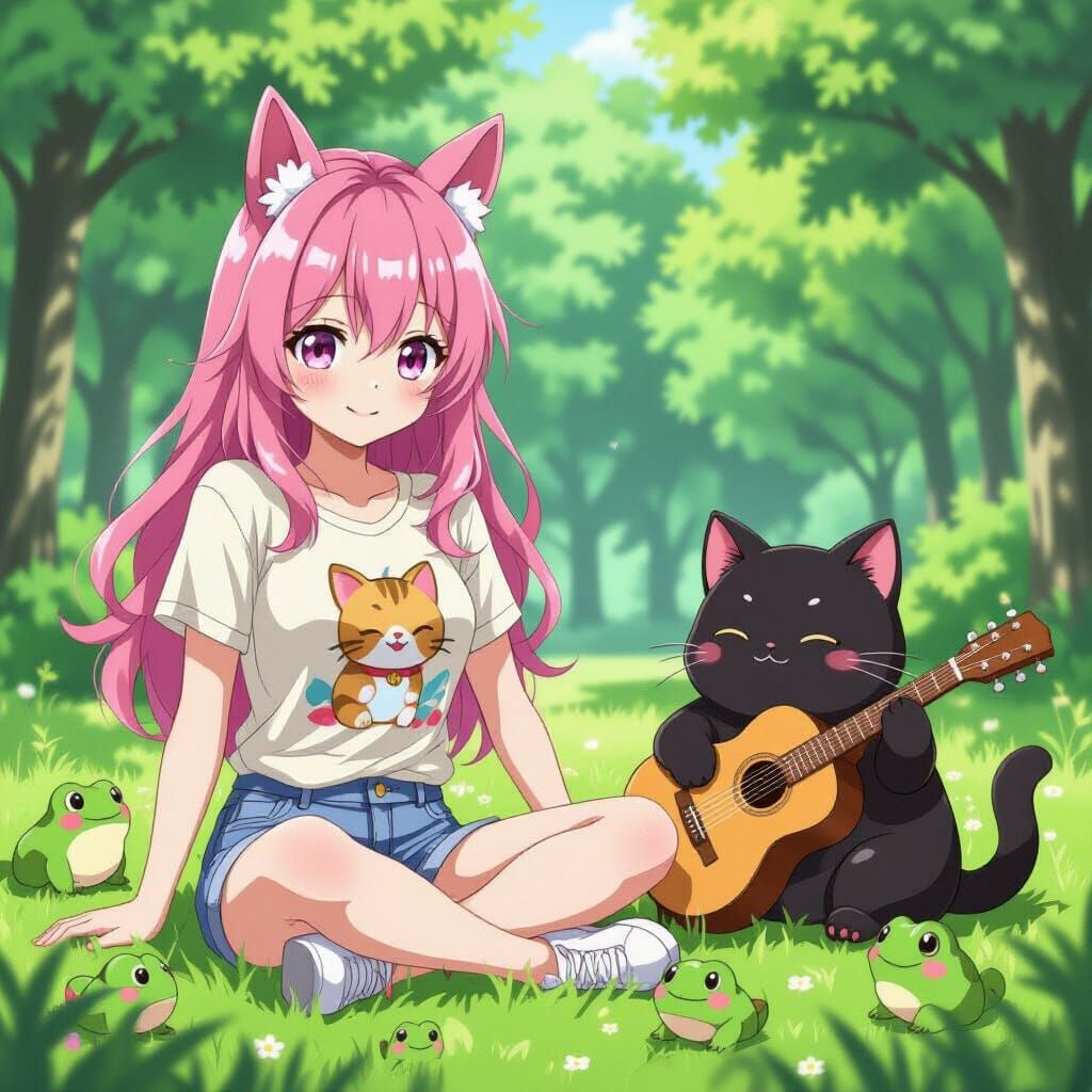 Anime Girl with Pink Hair and Horse Ears on Grass with Frogs