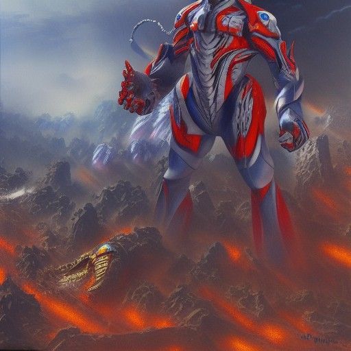 Ultraman Battles Godzilla in Tokyo: Oil Painting