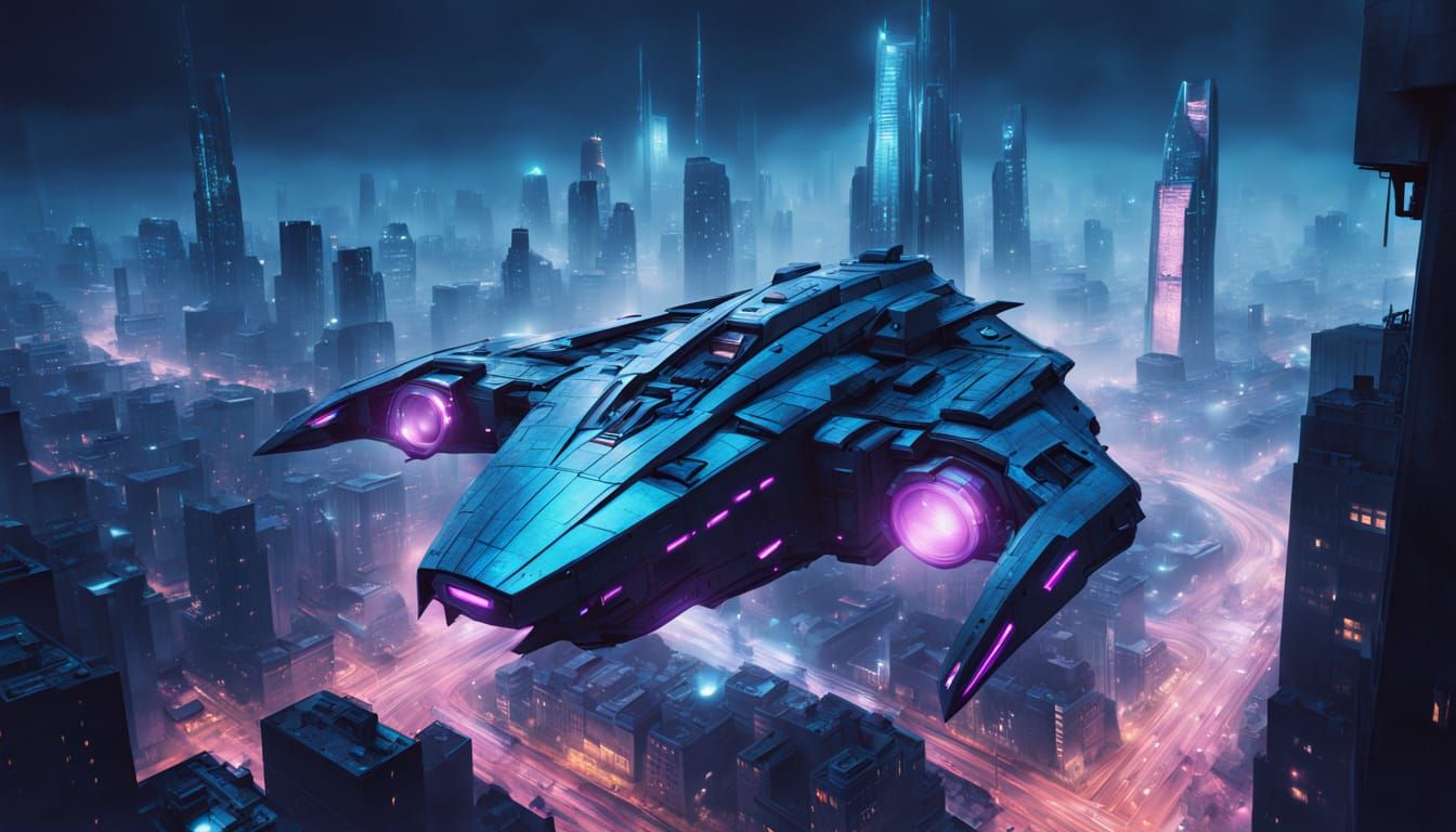 Blue Starship Explores City in Vibrant Cyberpunk Scene
