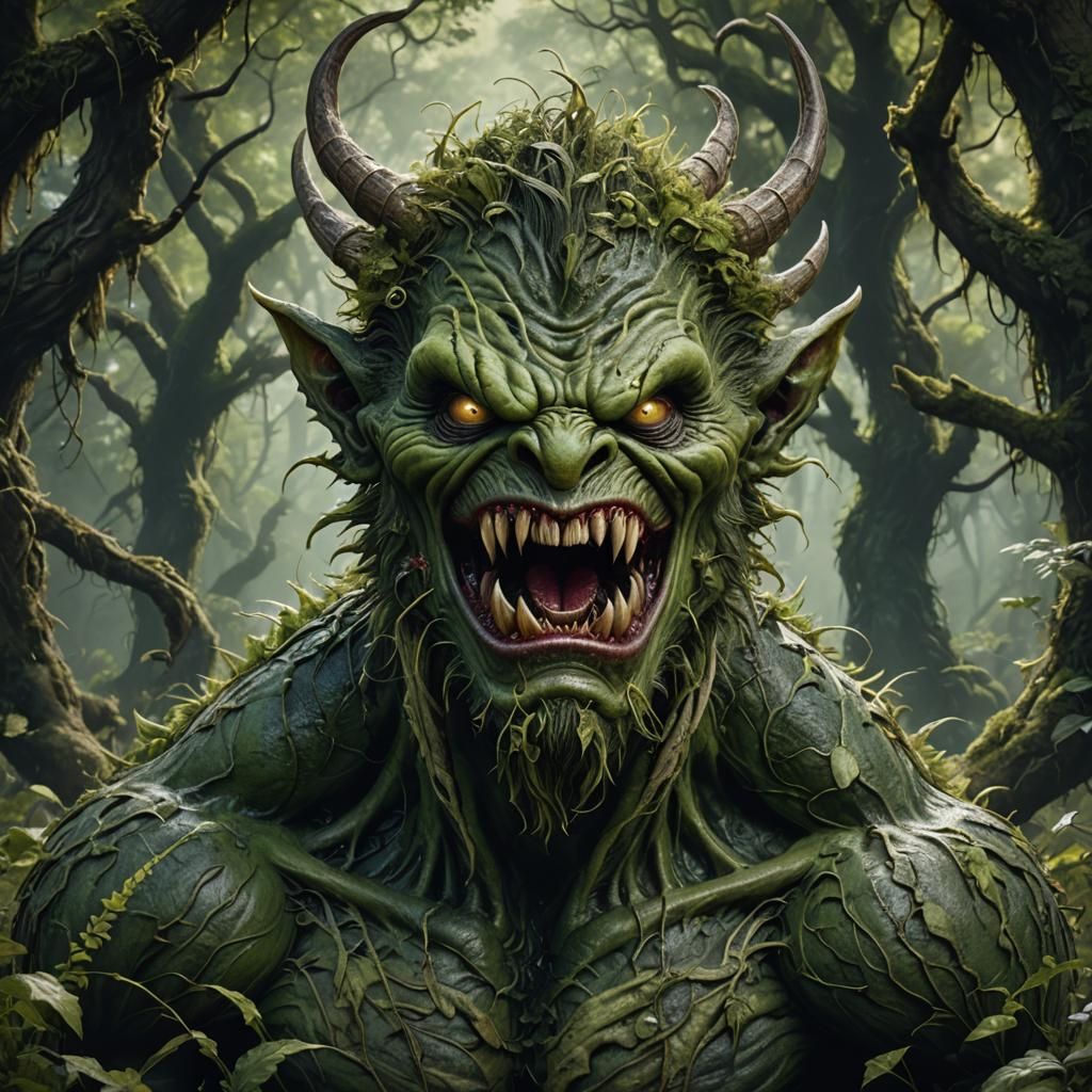 Hyperrealistic Portrait of a Green Woodland Monster