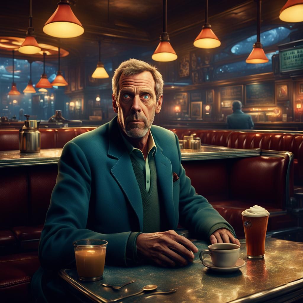Hugh laurie sitting in a diner at night