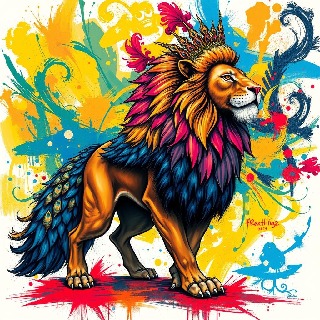 Regal Lion-Peacock Hybrid in Polychromatic Graffiti Art