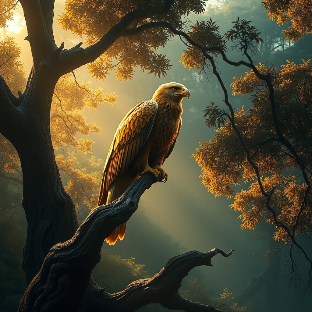 Golden Eagle Perched on a Gnarled Tree Branch in a Vibrant F...