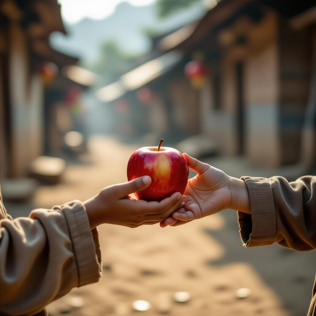 Kindness Offered: Hand Gives Apple to Orphan Child