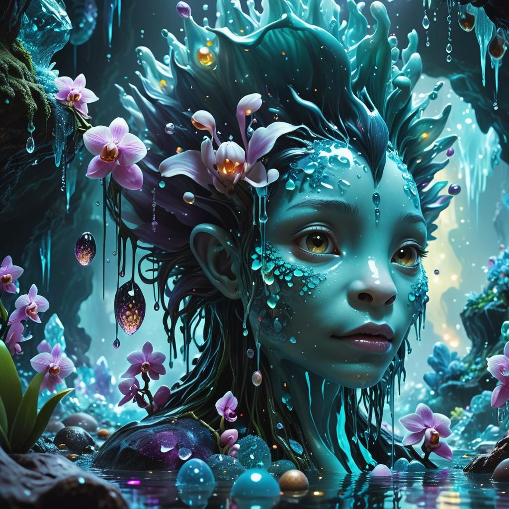 Water Elemental in Bioluminescent Crystal Cavern