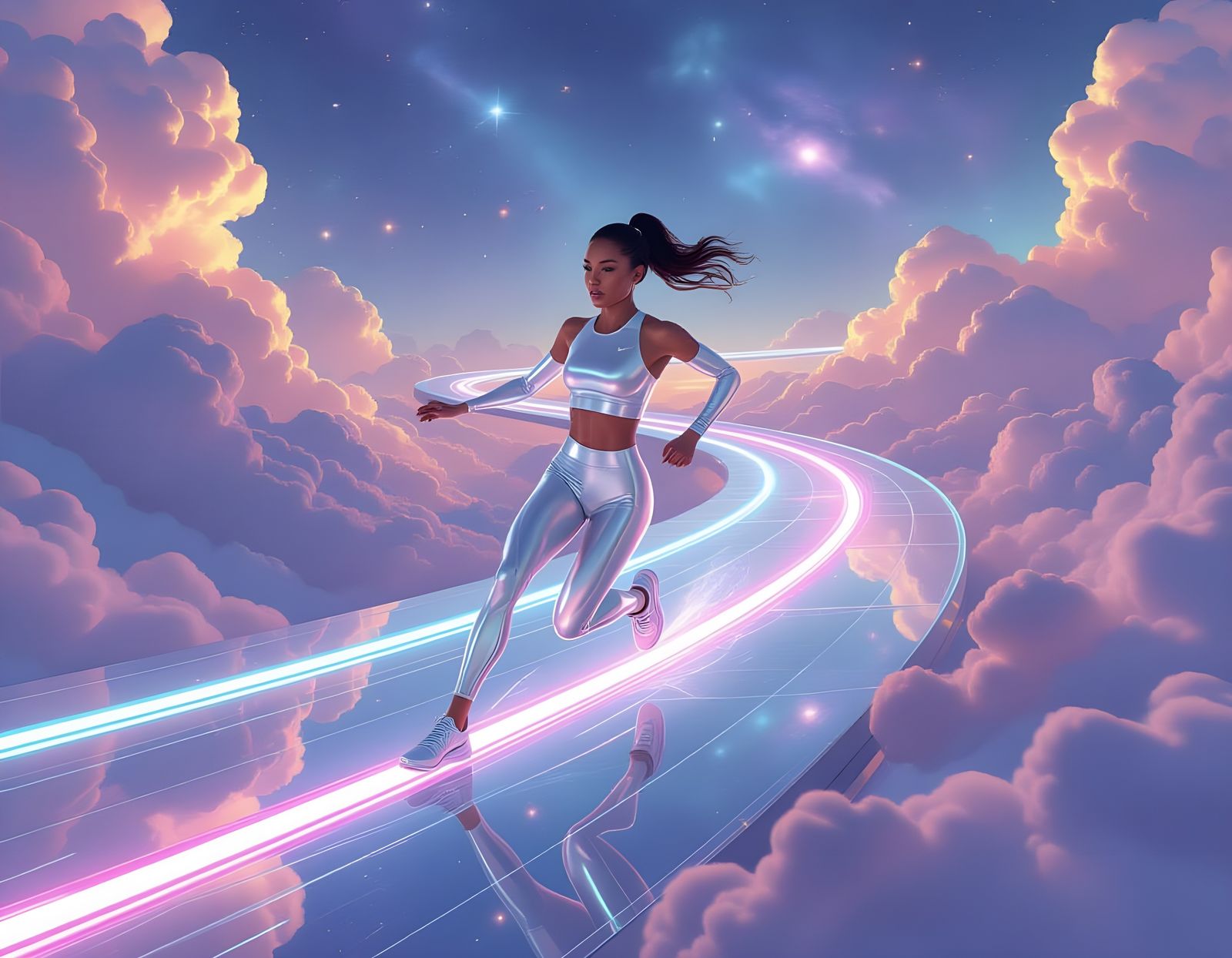 Futuristic Athlete Races Through Starlight Clouds