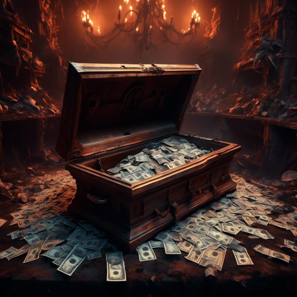 Casket of Cash: Hyperrealistic Scene in Hell