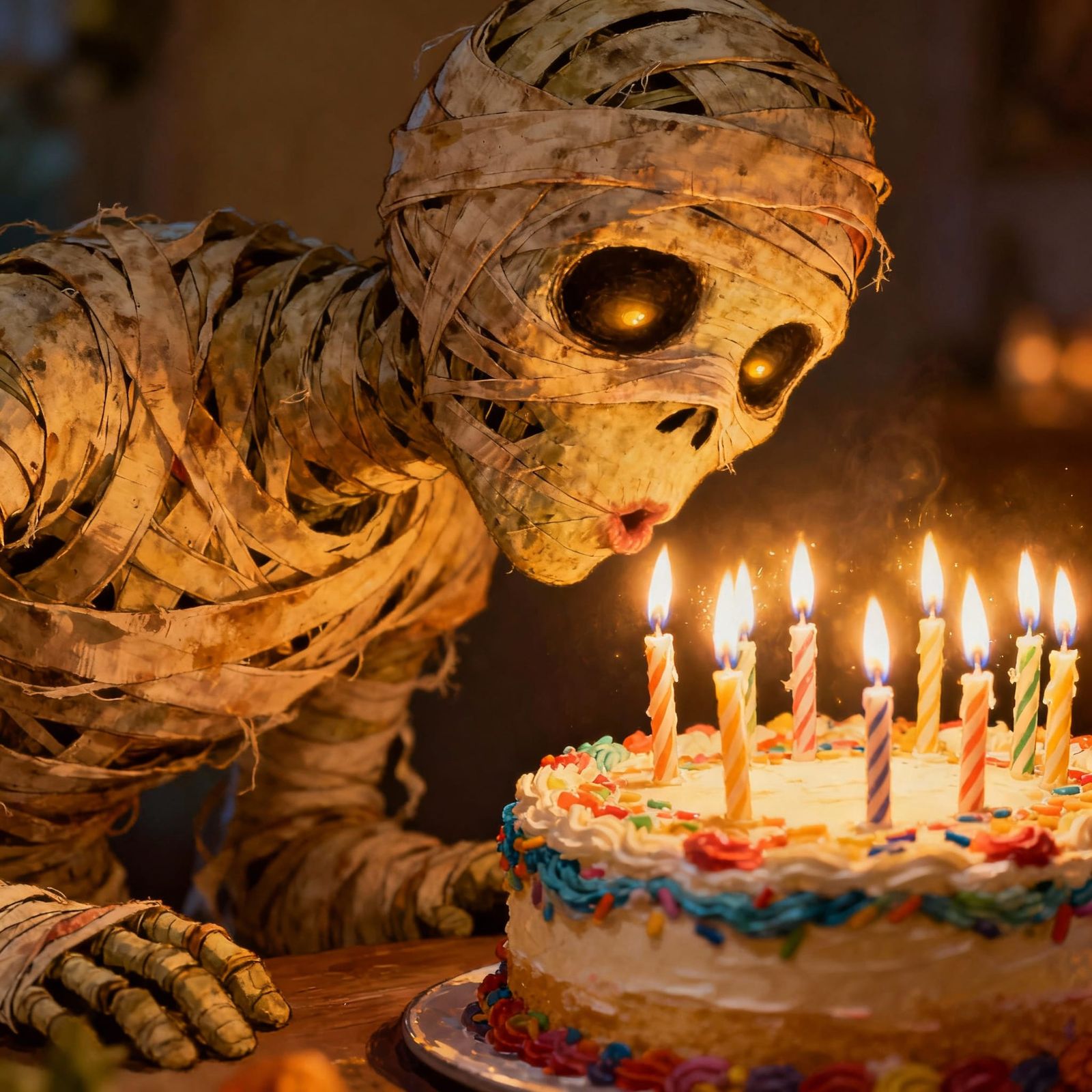 Mummy Blowing Out Candles on Birthday Cake