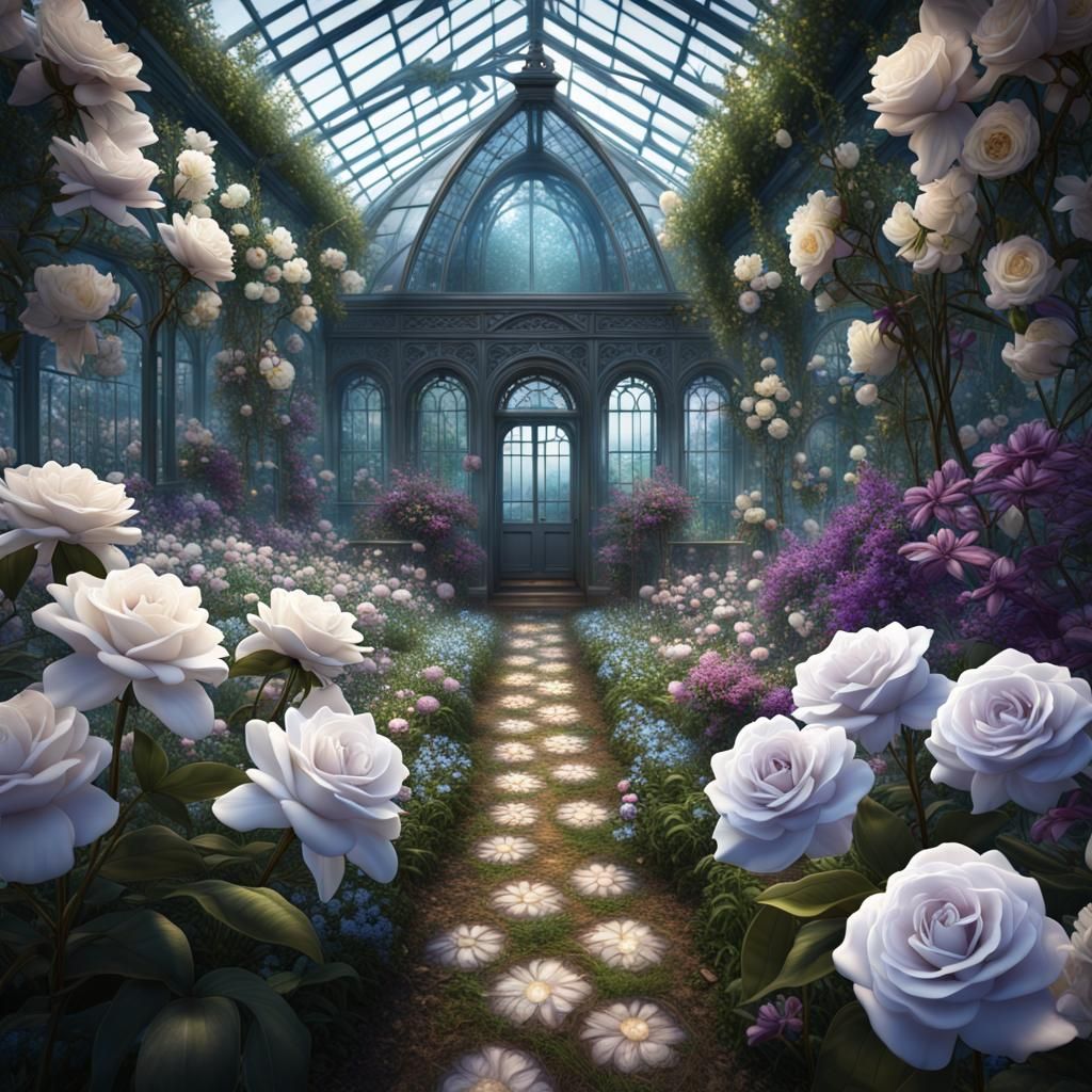 Greenhouse Abundance: Floral Display with Butterflies