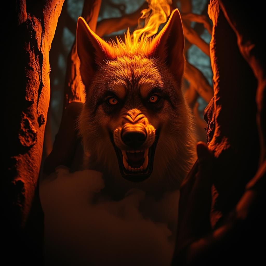 Wolf Humanoid in Eerie Forest, Chiaroscuro Lighting