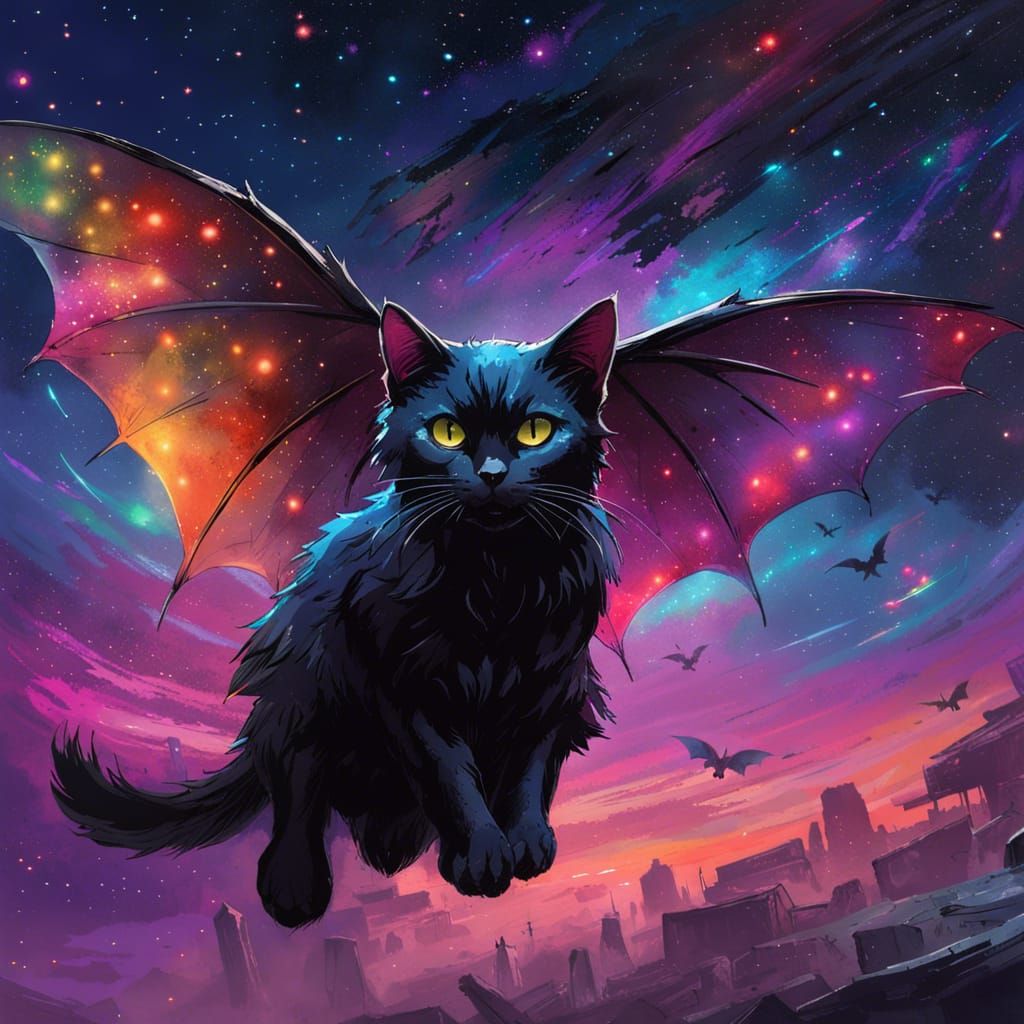 Cosmic Feline Bat in Detailed Digital Art