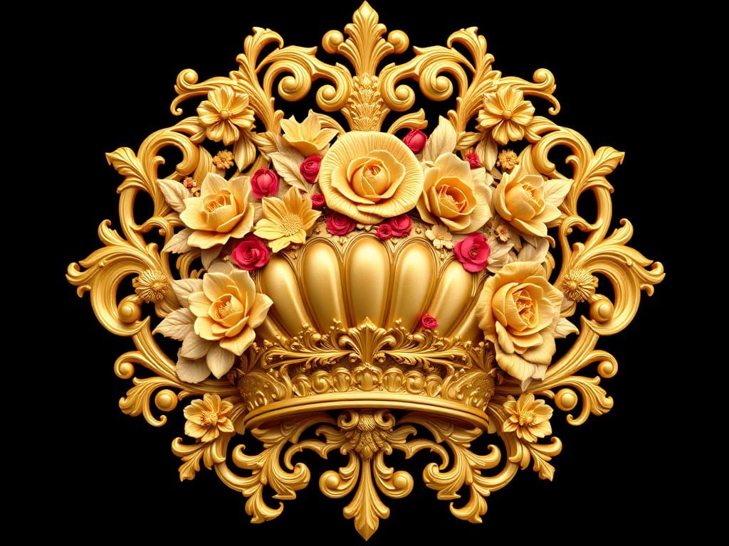 High-Contrast Baroque Ornament with Roses and Geometric Shap...