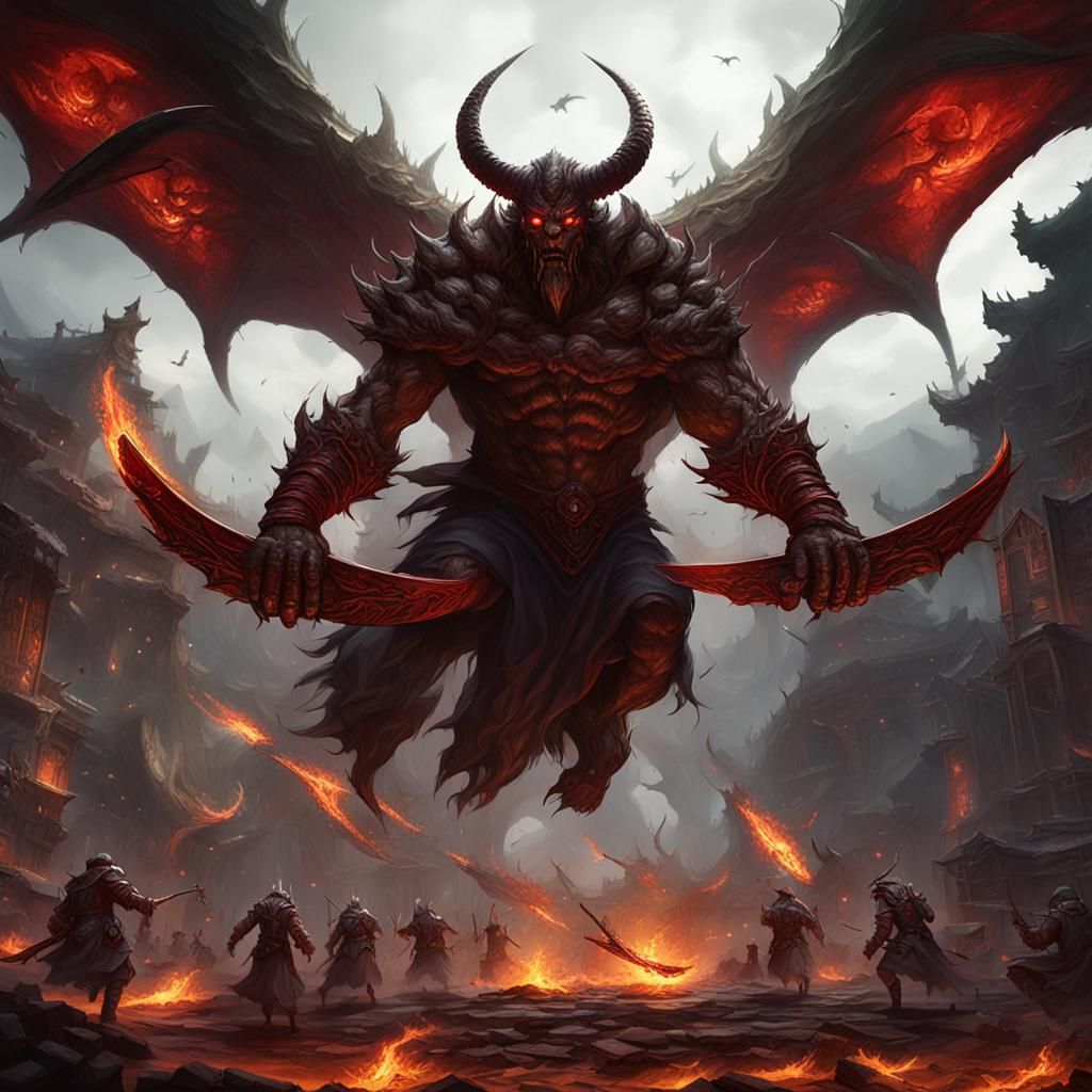 Flying Demon with Flaming Sword in Dark Fantasy Style