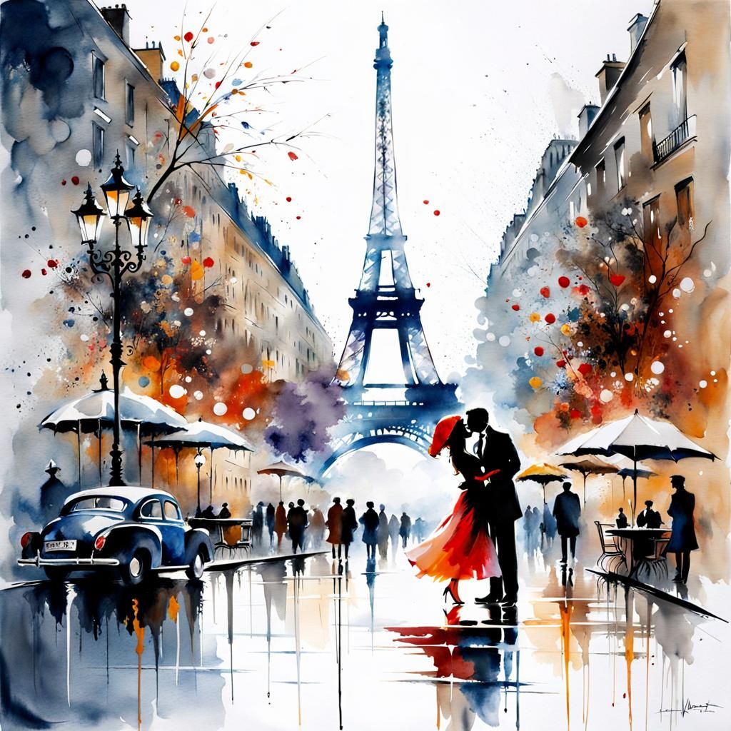 Romantic Kiss in Paris Watercolor Painting