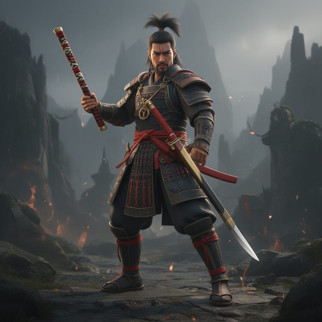 Epic 3D Warrior with Japanese Baton and Knife