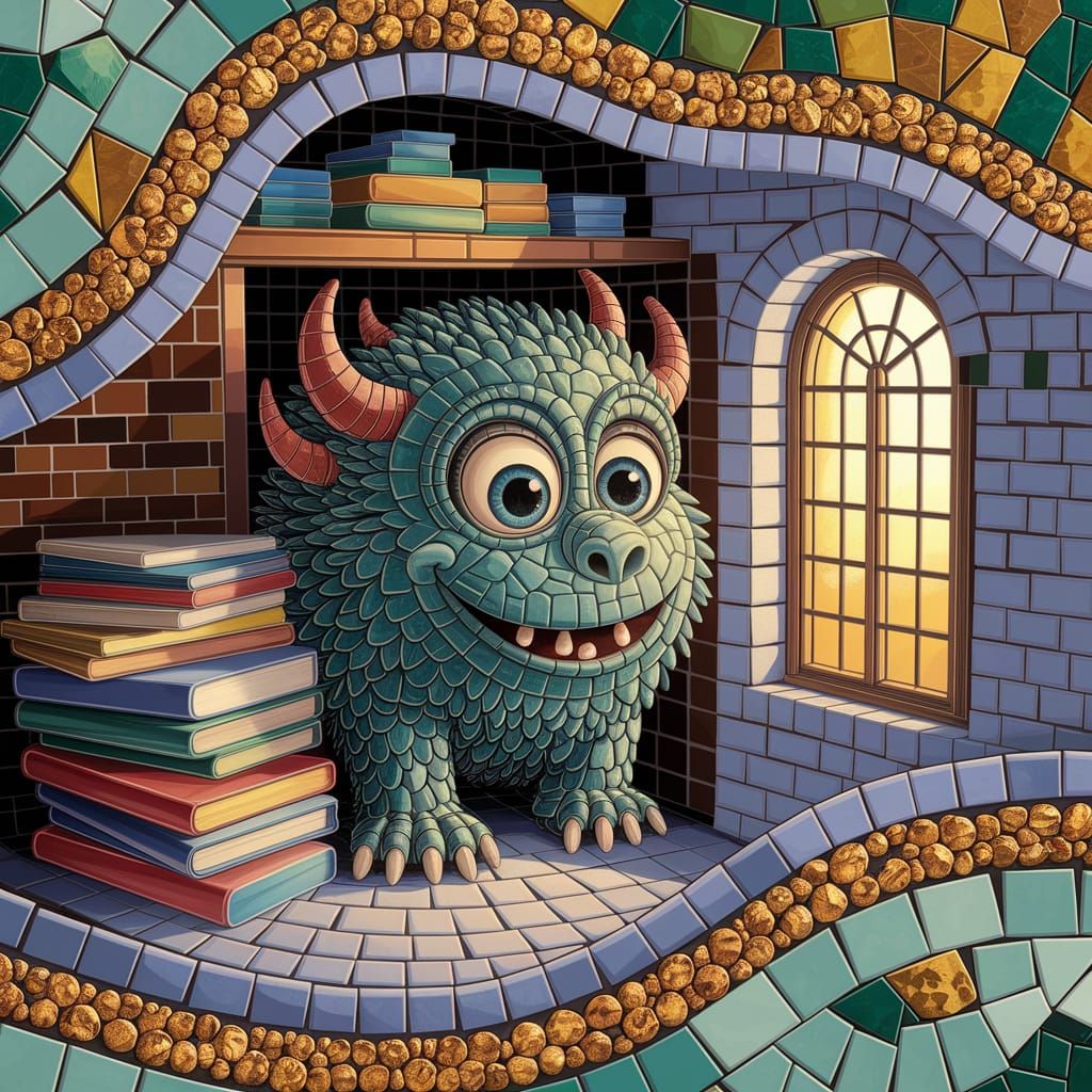 Traditional mosaic art. A friendly storybook monster peeks out of a cluttered closet. Mosaic tiles. Handmade glass ename...