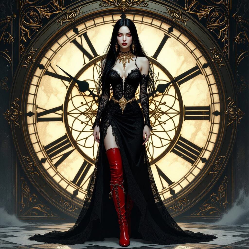 Mystical Woman Before Frozen Clock in Dark Fantasy Style