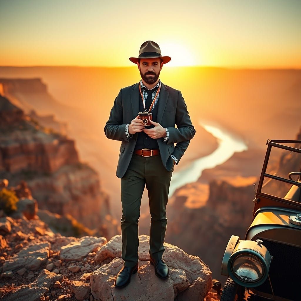Vintage Tourist at Grand Canyon, 1914, in Nostalgic Desert L...