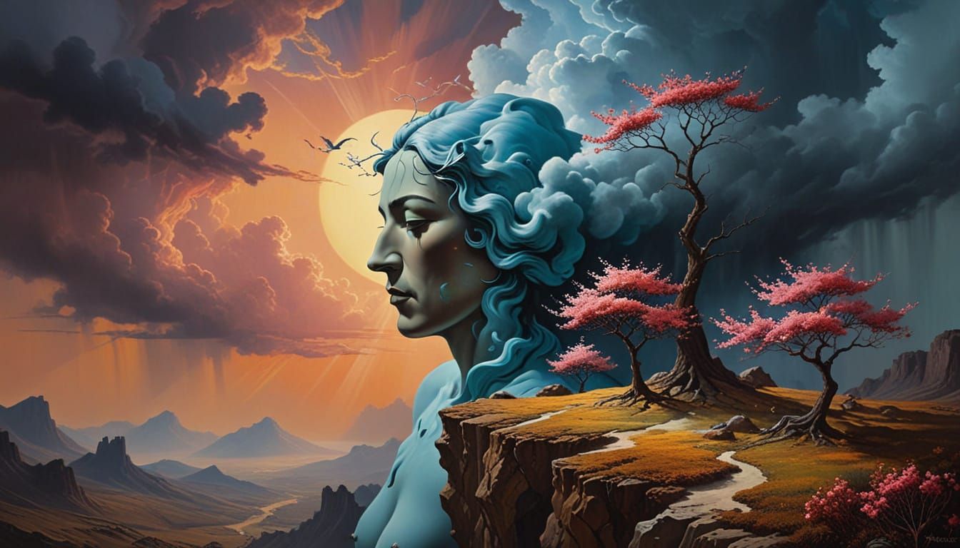 Surreal Mountain Landscape with Blossoming Trees and Impossi...