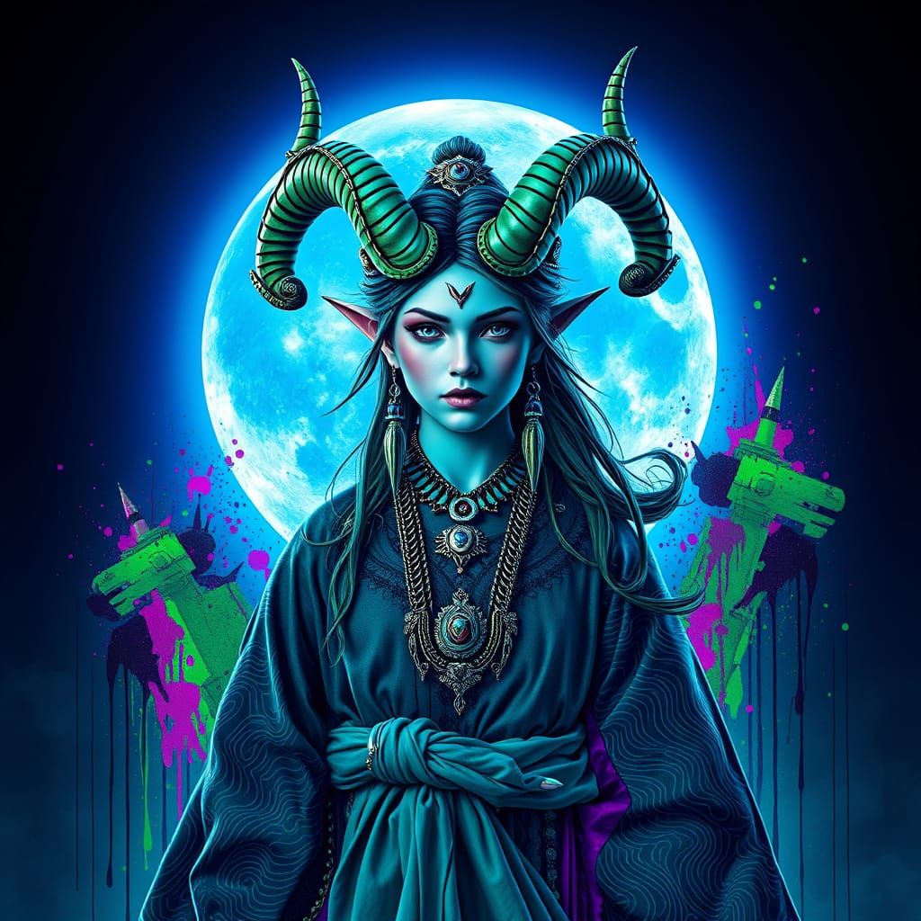 Horned Goddess Double Exposure with Glowing Moon