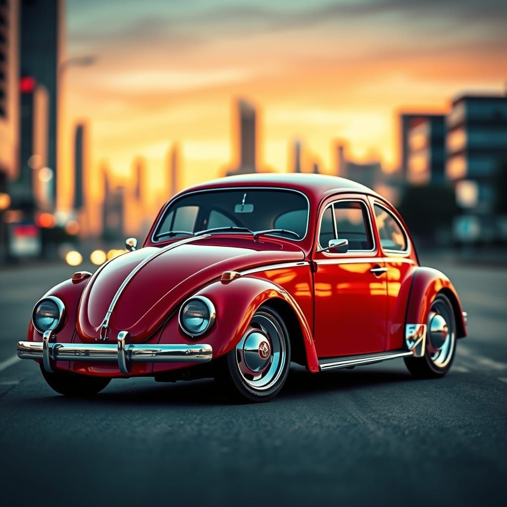 Retro-Futuristic Robot Beetle in Neon Cityscape