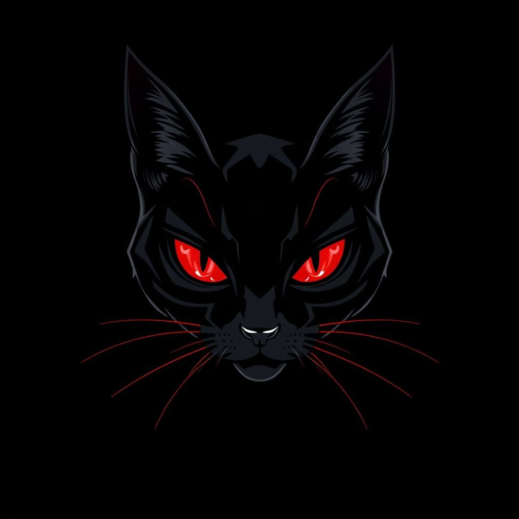 Ethereal Black Cat with Crimson Eyes in Dark, Graphic Style