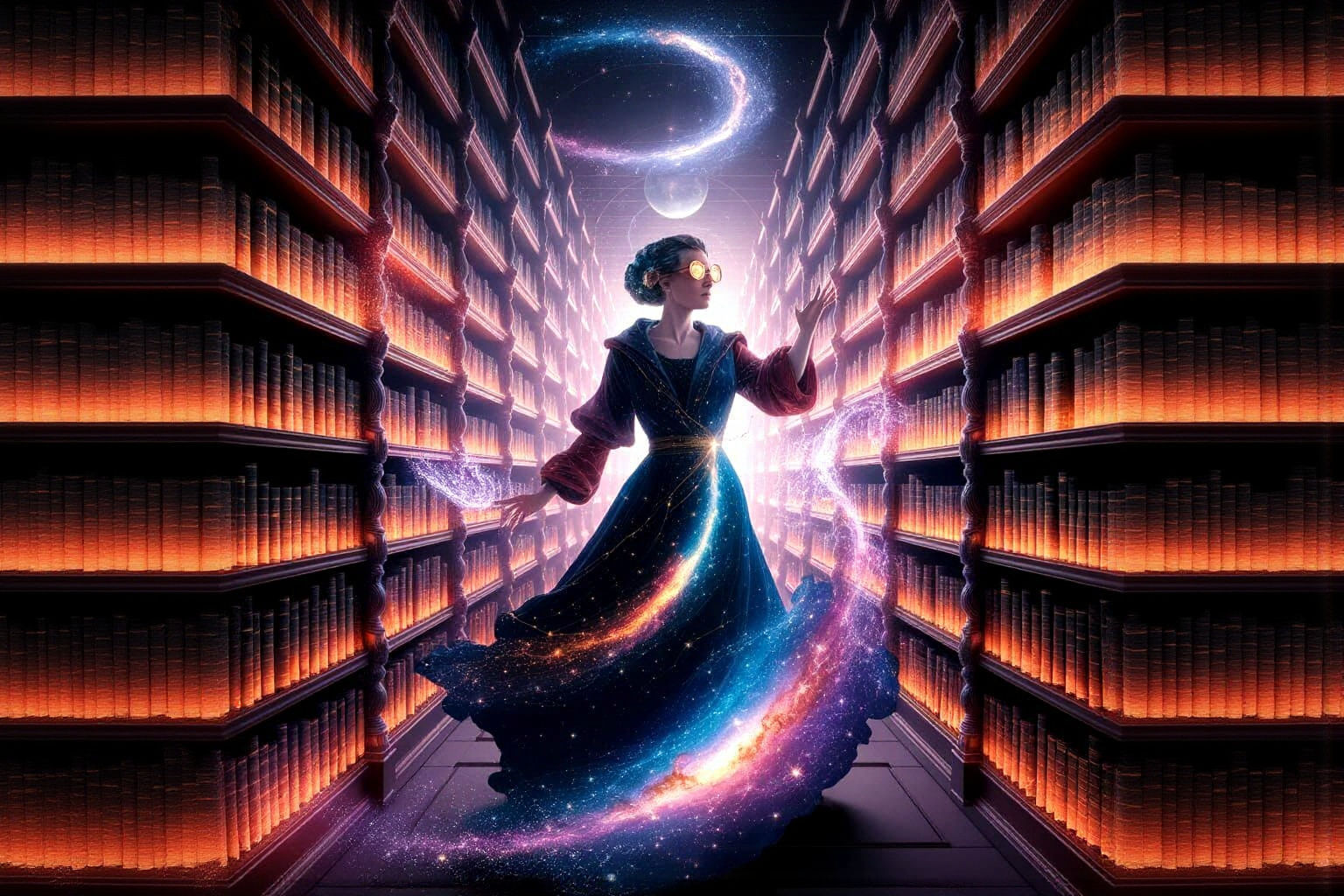 Celestial Librarian Organizing Galaxies in Starlight Library