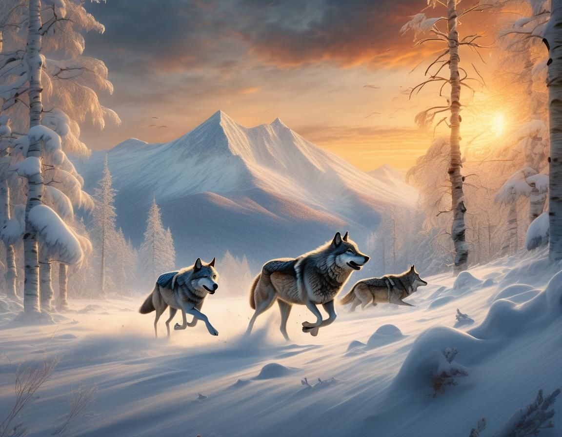 Wolves Hunting Reindeer in Winter Landscape