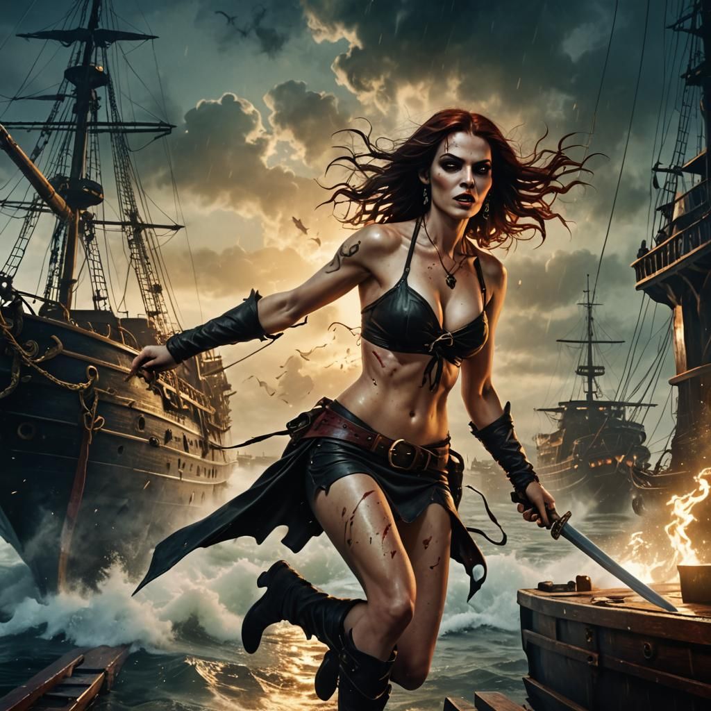 Vampire Pirate Leaping from Ship Deck
