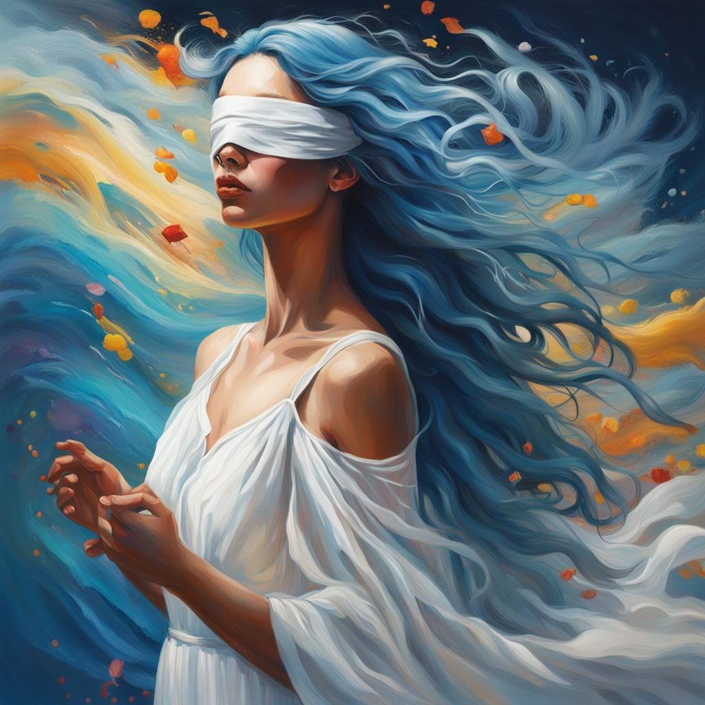 Blindfolded Woman with Blue Hair in Splash Art