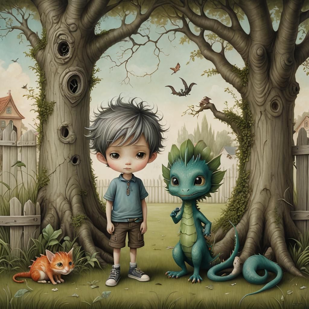 Boy With Feather Hair and Dragon Tattoo, Ceccoli Style