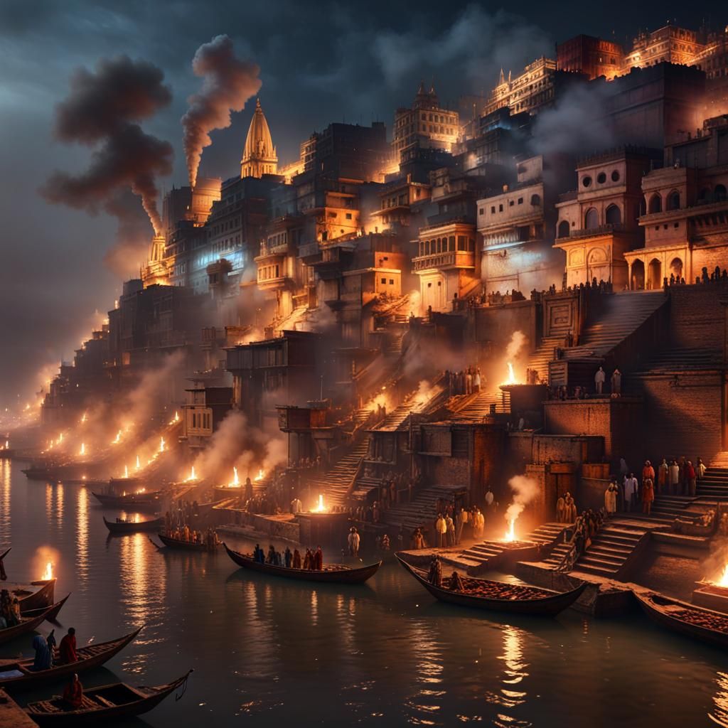 Night View of Varanasi Ghats in Hyperrealistic Style