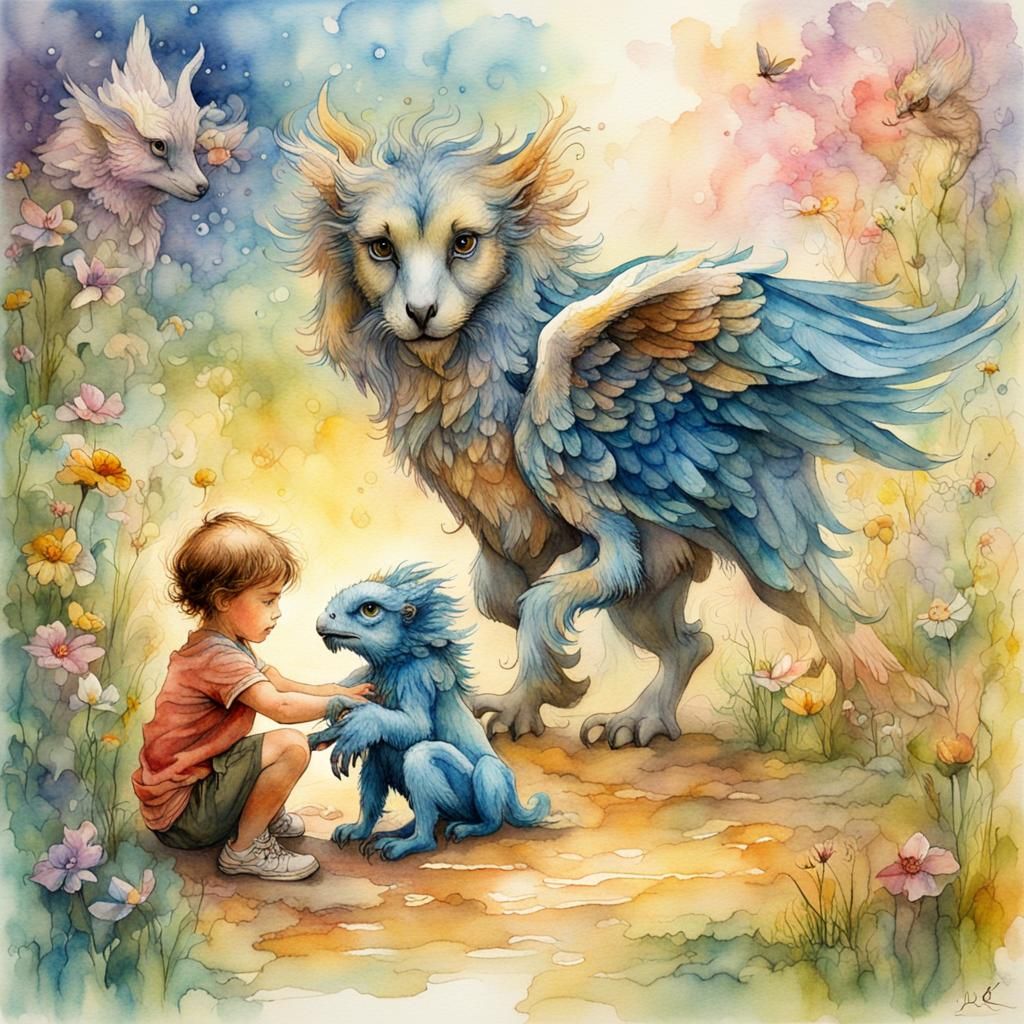 Child and Griffin: Watercolor Fairytale Art
