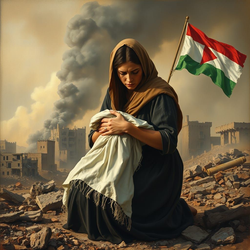 Grieving Mother in Ruins: Allegorical Oil Painting