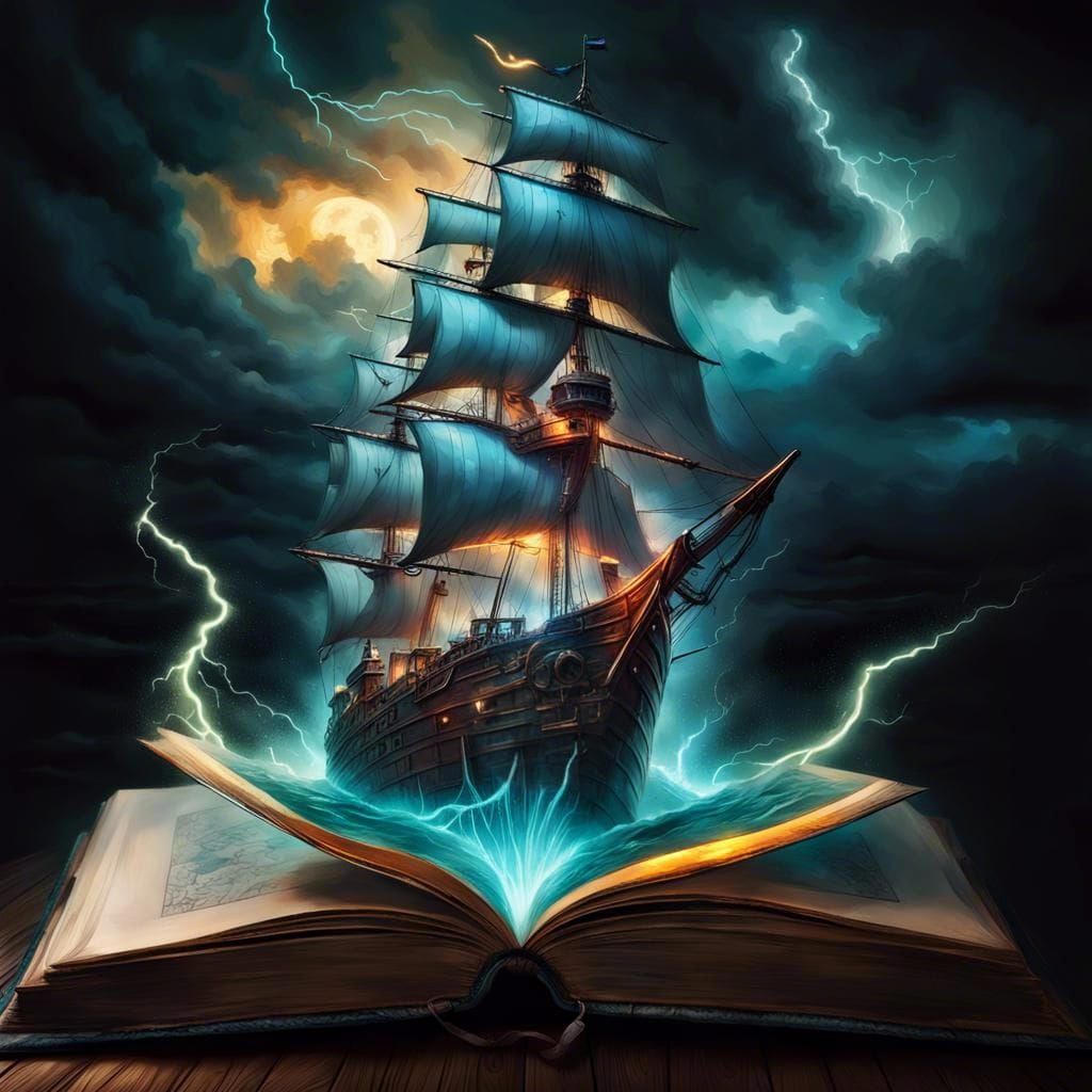 Cyberpunk Pirate Ship Emerges from Magical Tome