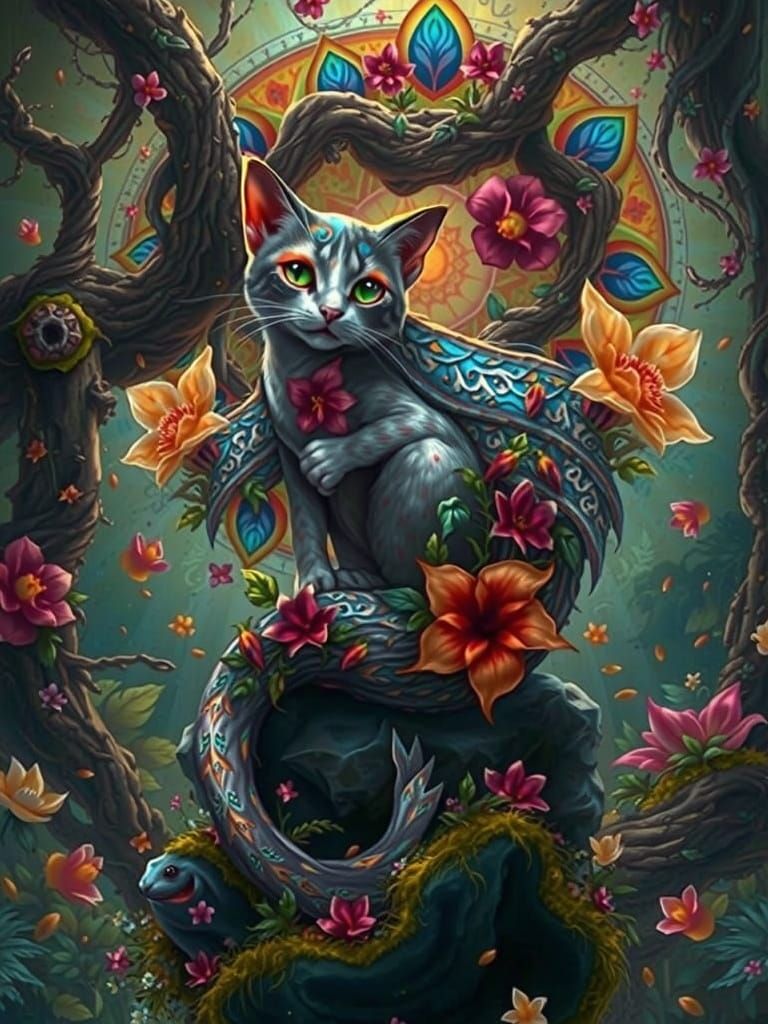 Whimsical Cat in a Fantastical Forest Tapestry