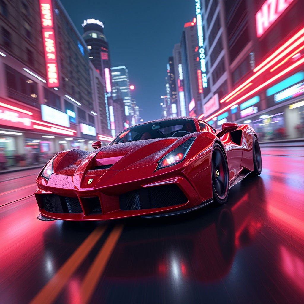 Neon Ferrari in Electric Cityscape, Matte Painting