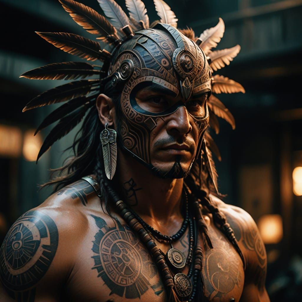 Native American Man with Face Tattoos and Shaman Mask