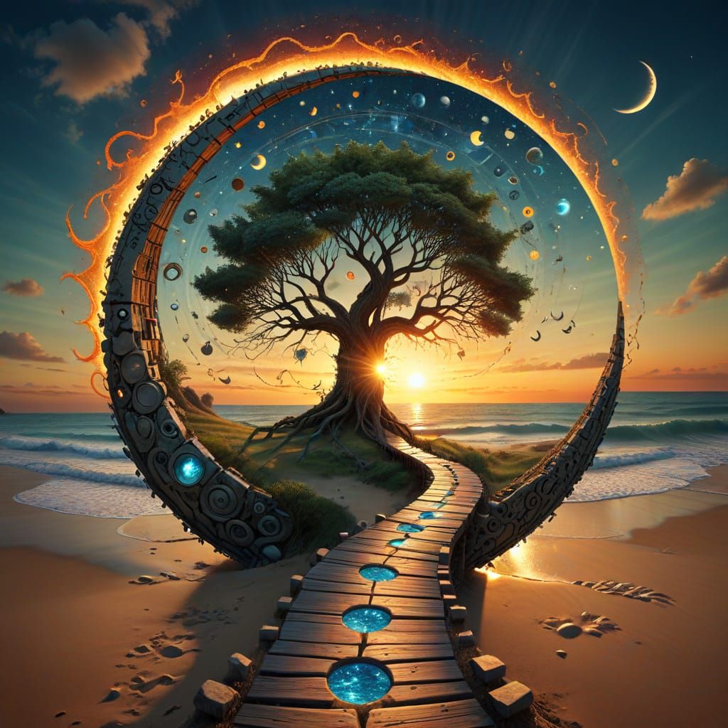 Vibrant Beach Sunset with Mosaic Treehouse Stargate