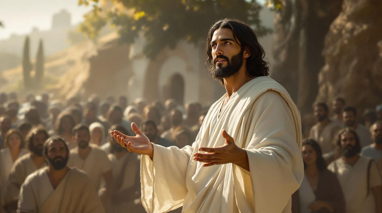Jesus Teaches a Crowd in Ancient Setting