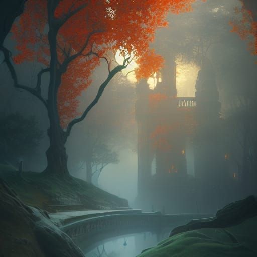 White Castle Surrounded by Red Trees